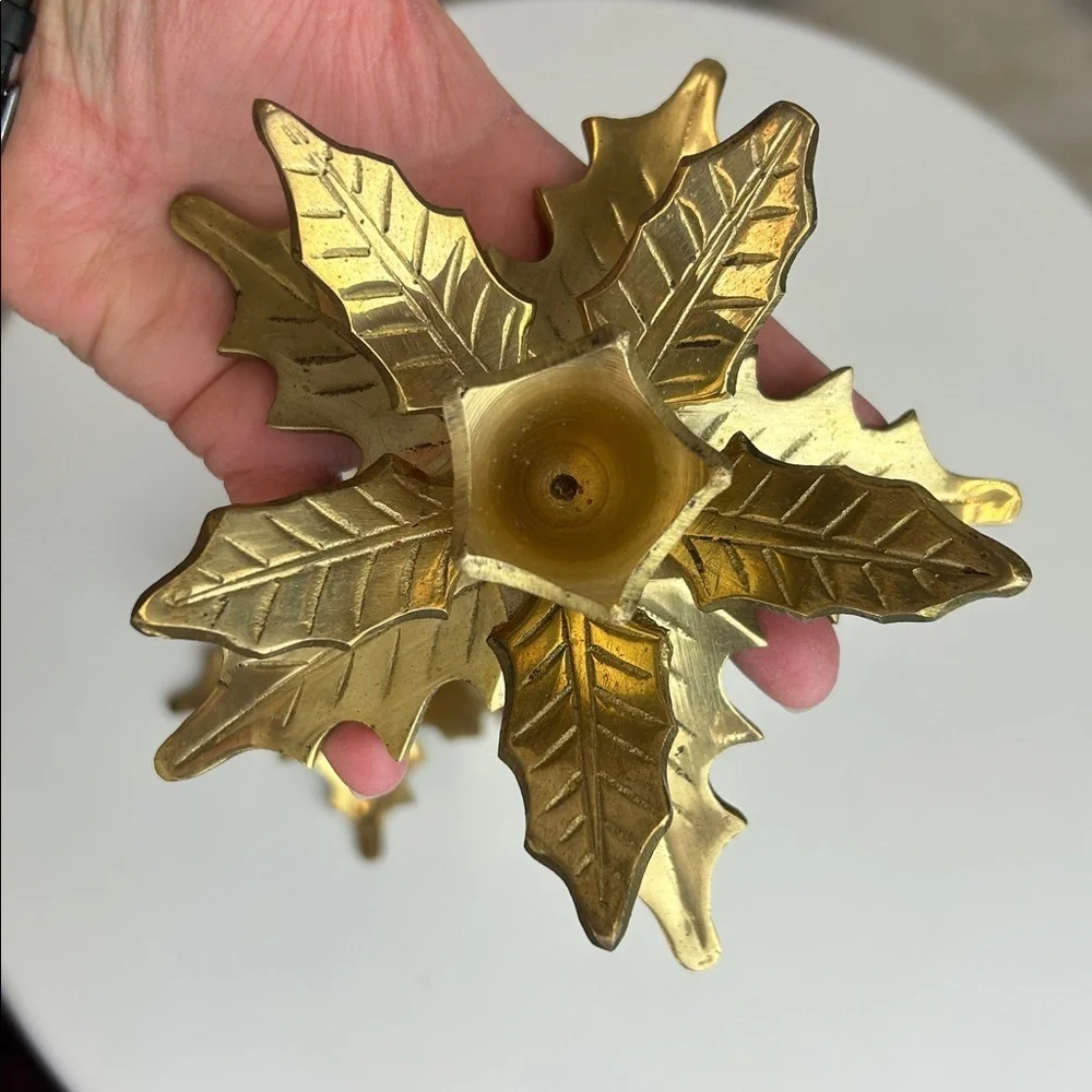 Two Solid Brass Holly Leaves Candle Holders With Glass Globes Vintage